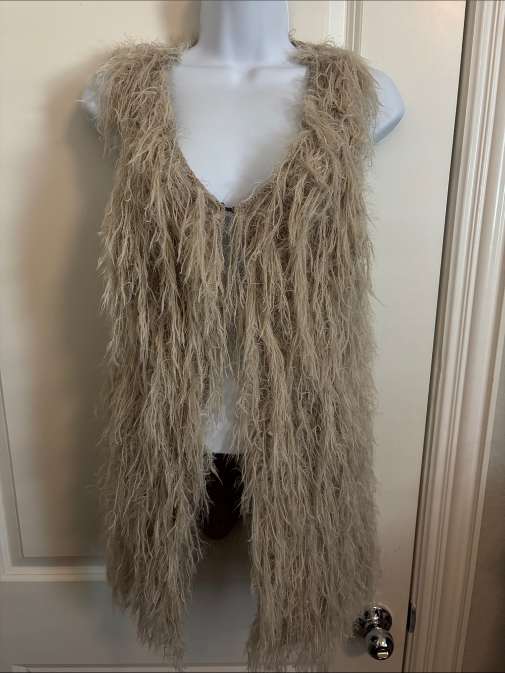 Elon Faux Feathered Long Boho Festival Vest - Taupe M #192V